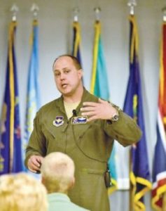 14th Flying Training Wing Commander Col. John Nichols speaks during the Base Community Council's first meeting Thursday. Nichols reported that the base's economic impact for 2015 was approximately $249 million. Photo by: Luisa Porter/Dispatch Staff