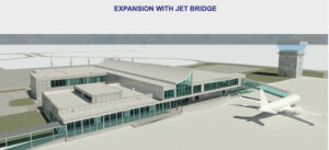 This rendering shows a planned second-floor terminal expansion, with enclosed jetway, for Golden Triangle Regional Airport - courtesy image
